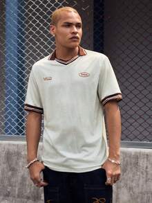 EVRINFINITE Men Letter Graphic Striped Trim Tee - Beige - View 8