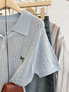 SHEIN Franclia Áo len nữ màu xanh dương, dáng rộng, cổ polo, tay ngắn, cài nửa khuy, kiểu dệt cáp, thích hợp cho mùa xuân/hè. - Màu xanh lam - Xem 7