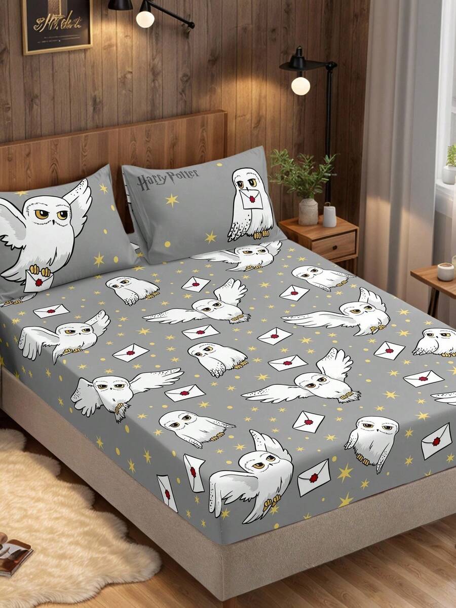HARRY POTTER X SHEIN Bộ 3 món nệm in kỹ thuật số, mềm mại và ấm áp, thoải mái và thoáng khí, nhiều kích cỡ, phù hợp với giường đơn/giường đôi/giường cỡ Queen/giường cỡ King, có thể giặt máy (1 nệm + 2 vỏ gối) - Xám - Xem 1