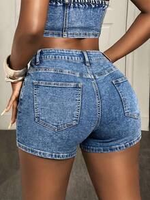 SHEIN Unity Plus Size Women's Solid Color Zipper Front Cargo Pocket Skinny Denim Shorts, Suitable For Summer Travel And Gatherings Jorts Casual Summer - Light Wash - View 3
