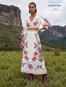 CAJUNI Chân váy maxi dáng xòe màu trắng ngà, kiểu boho với họa tiết nhiệt đới. - Màu be - Xem 7