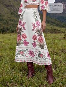 CAJUNI Chân váy maxi dáng xòe màu trắng ngà, kiểu boho với họa tiết nhiệt đới. - Màu be - Xem 1