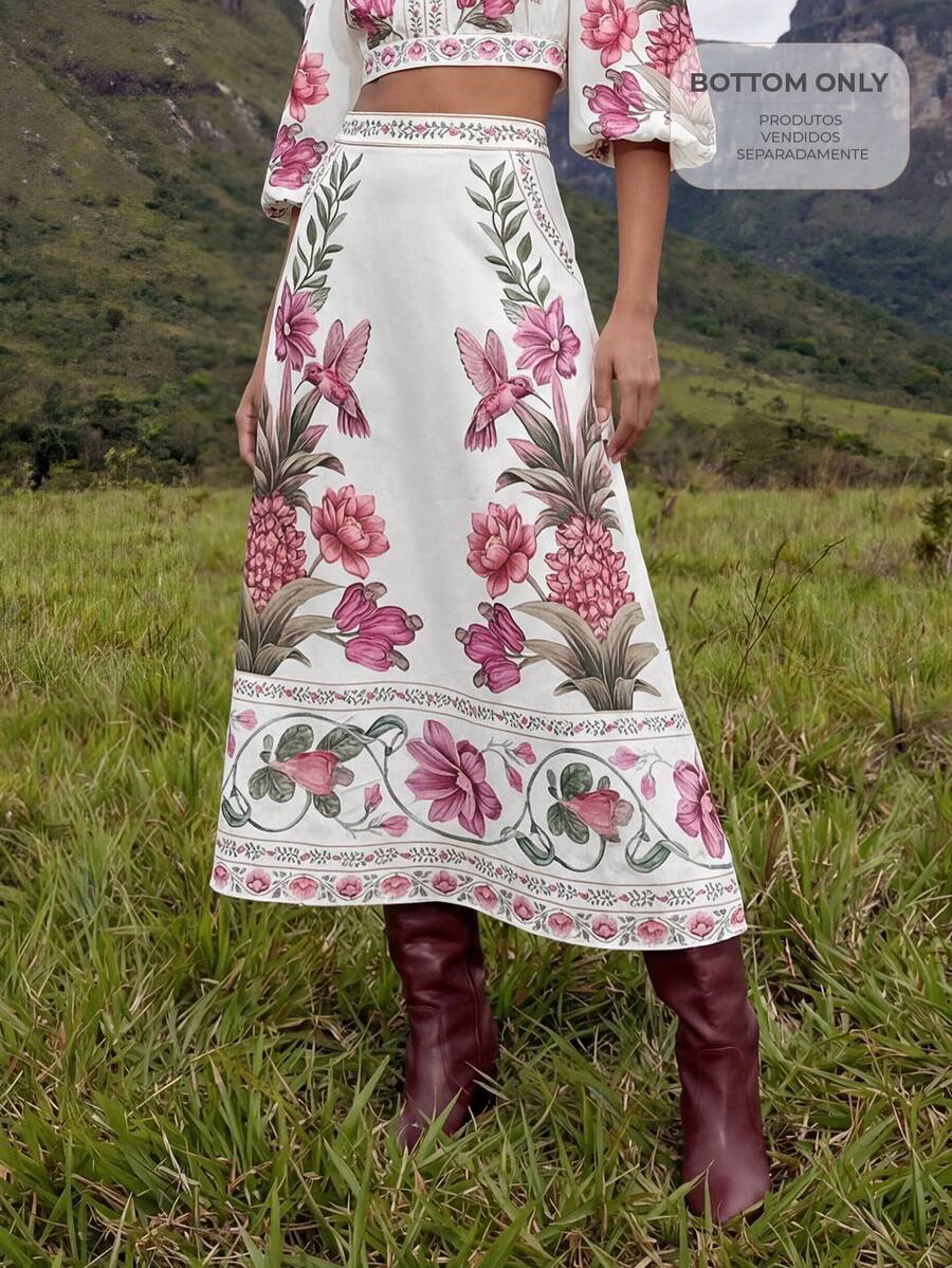 CAJUNI Chân váy maxi dáng xòe màu trắng ngà, kiểu boho với họa tiết nhiệt đới. - Màu be - Xem 1