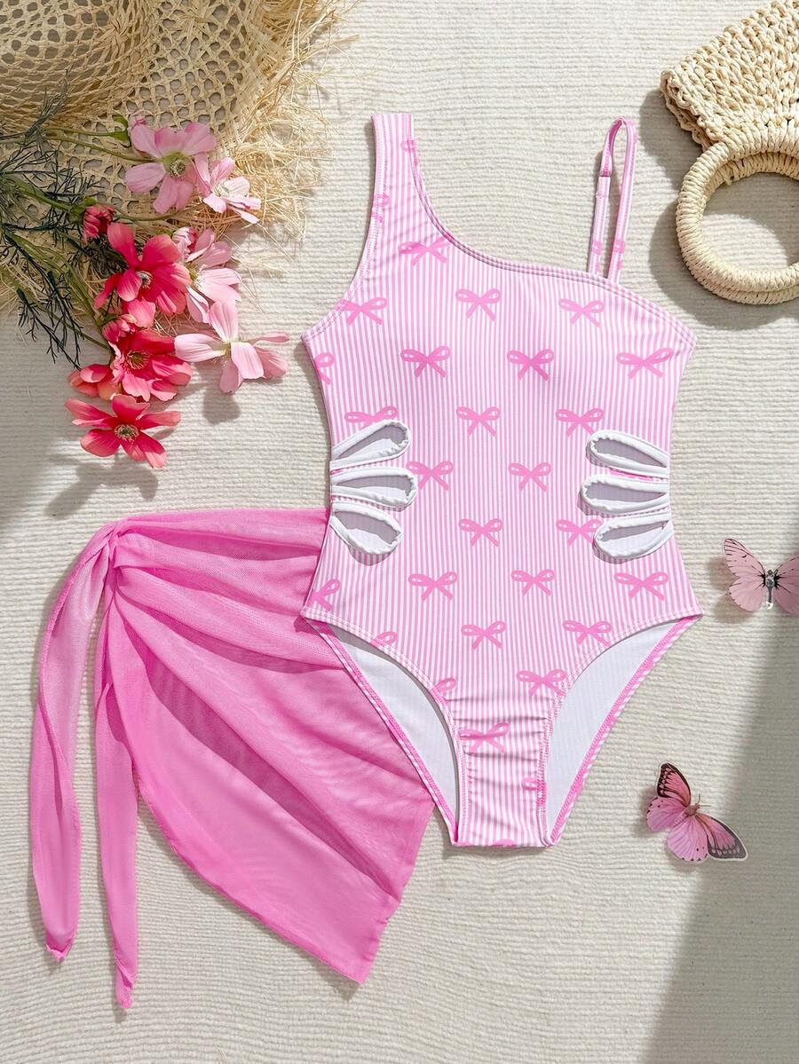 SHEIN 10歲女孩粉色條紋蝴蝶結1件式泳衣與迷你裙套裝,白色,夏季,可愛,亮片,泳池派對,度假海灘假期泳裝 - 粉色 - 查看 1