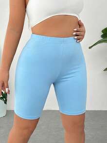 SHEIN EZwear 大码女式纯色休闲百搭日常修身短裤 - 藍色 - 查看 5