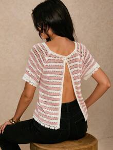 Poéselle 粉白条纹钩针短袖上衣，镂空露背针织衫，可爱夏季波西米亚风度假衬衫，女士条纹圆领插肩短袖镂空针织上衣，法式风格上衣，女士沙滩装，女士夏季钩针上衣，女士夏季上衣，女士针织上衣 - 粉色 - 查看 4