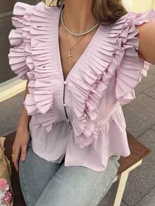 Livesso Sleeveless Ruffled Hem Cotton Blouse For Women, Suitable For Beach Holiday, Summer - Pink - View 7