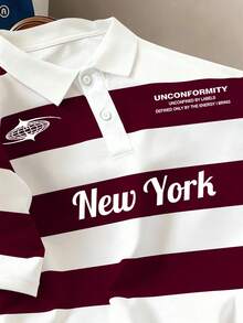Manfinity Joysei Men's Casual Striped Short Sleeve Polo Shirt, College Style - Burgundy - View 3