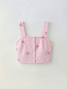 SHEIN Bộ đồ bé gái truyền thống màu hồng in họa tiết retro gồm áo hai dây lửng có thể điều chỉnh và chân váy mini xếp tầng in họa tiết retro, thời trang retro, phù hợp mặc ngoài trời, ở nhà, đi học, đi nghỉ mát, phong cách boho, đa năng. - Hồng - Xem 3