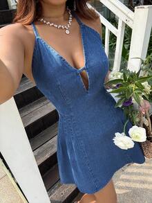 Sunnyshic 女士深V领褶皱性感时尚吊带牛仔连衣裙 - 藍色 - 查看 6