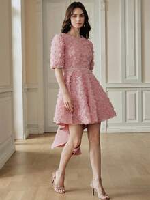 Anewsta Spring Romantic Elegant Ball Party Waist Fitted Petal Sleeve Mid-Length Dress For Women - Pink - View 3