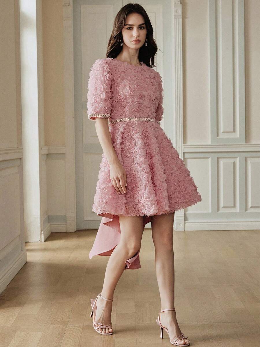 Anewsta 春季浪漫优雅舞会修身花瓣袖中长连衣裙（女款） - 粉色 - 查看 1