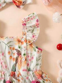 SHEIN 2pcs Baby/Toddler Girls' Summer Sleeveless Watercolor Floral Print Dress And Headband Set Birthday Purple Floral Cute - Multicolor - View 7