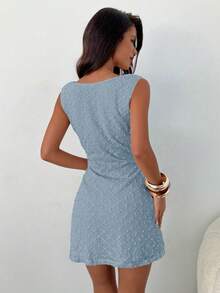 Aloruh Gaun Mini Wanita Elegan dengan Leher Persegi, Potongan Pas di Pinggang, Bahan Bertekstur, Warna Polos, Gaun Musim Panas untuk Wanita - Baby Blue - View 2
