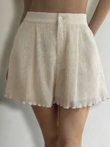 Livesso Women's Casual Solid Color Textured Shorts, Summer - Beige - View 2