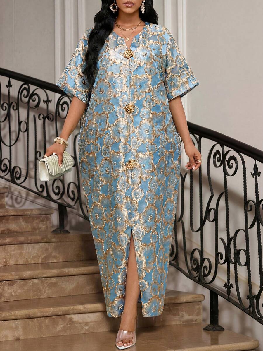 SHEIN Lady Women's Notched Neck Short Sleeve Floral Print Long Dress For Summer,Summer Dresses For Women - Aqua Blue - View 1