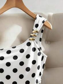 Franclia 夏季新款法式波点吊带背心，腰部金属扣设计，通勤、约会、度假百搭上衣 - 黑與白 - 查看 3