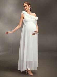 Cheriluna Maternity 纯色宽松孕妇连衣裙，饰有3D立体花朵图案，侧边开衩，适合孕妇写真拍摄。 - 白色 - 查看 6