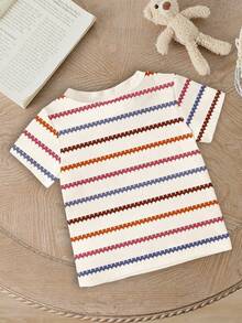 SHEIN 1 set T-shirt à manches courtes décontracté, confortable, mode, frais et mignon avec imprimé rayé et floral. Convient pour le port quotidien au printemps/été et les hauts - Multicolore - Voir 2