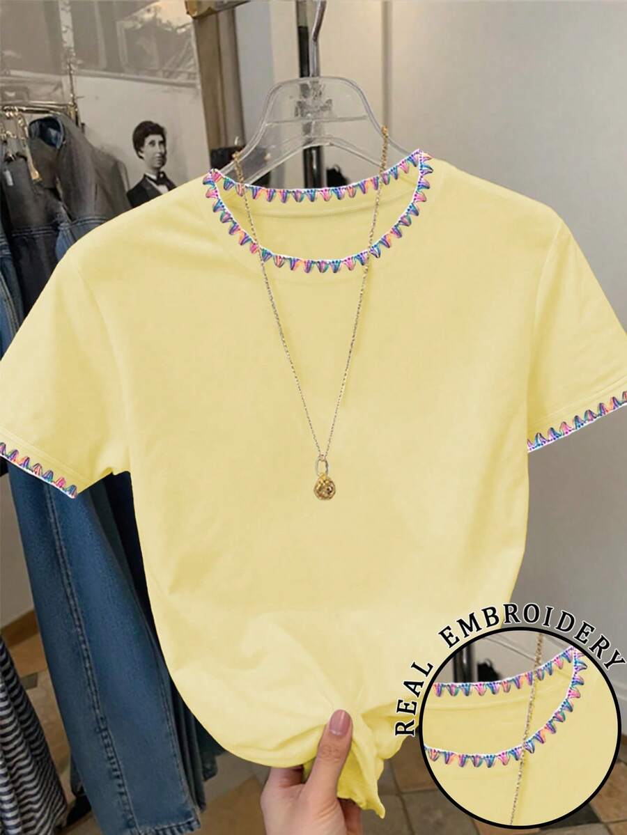 Franclia Women's Round Neck Color Block Casual Versatile Daily Wear Short Sleeve T-Shirt - Yellow - View 1