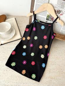 Bubblio 女婴与妈妈同款无袖针织碎花修身连衣裙（两件套，分开出售） - 黑色 - 查看 4