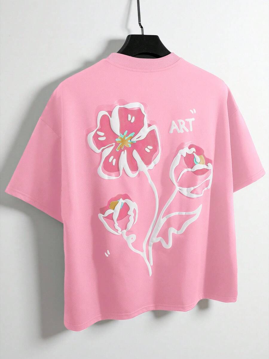 Manfinity EMRG 男士粉色花卉街頭風寬鬆圖案T恤,花卉壓紋夏季藝術短袖T恤,城市度假休閒玫瑰花印花上衣 - 粉色 - 查看 1