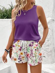 EMERY ROSE Conjunto informal de 2 piezas con estampado floral para vacaciones: shorts y top de tirantes de cuello redondo morado, adecuado para mujeres de talla grande en vacaciones de primavera/verano - Multicolor - Ver 4