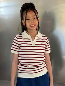 Dazy Kids Tween Girl Casual Loose Striped Short Sleeve Pullover Sweater, Summer, Back To School - Red - View 3