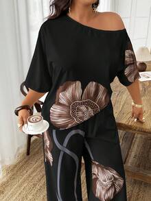 Weeklong 女士加大码不对称领印花宽松上衣和直筒裤两件套，适合度假和日常穿着，春夏款 - 彩色 - 查看 3