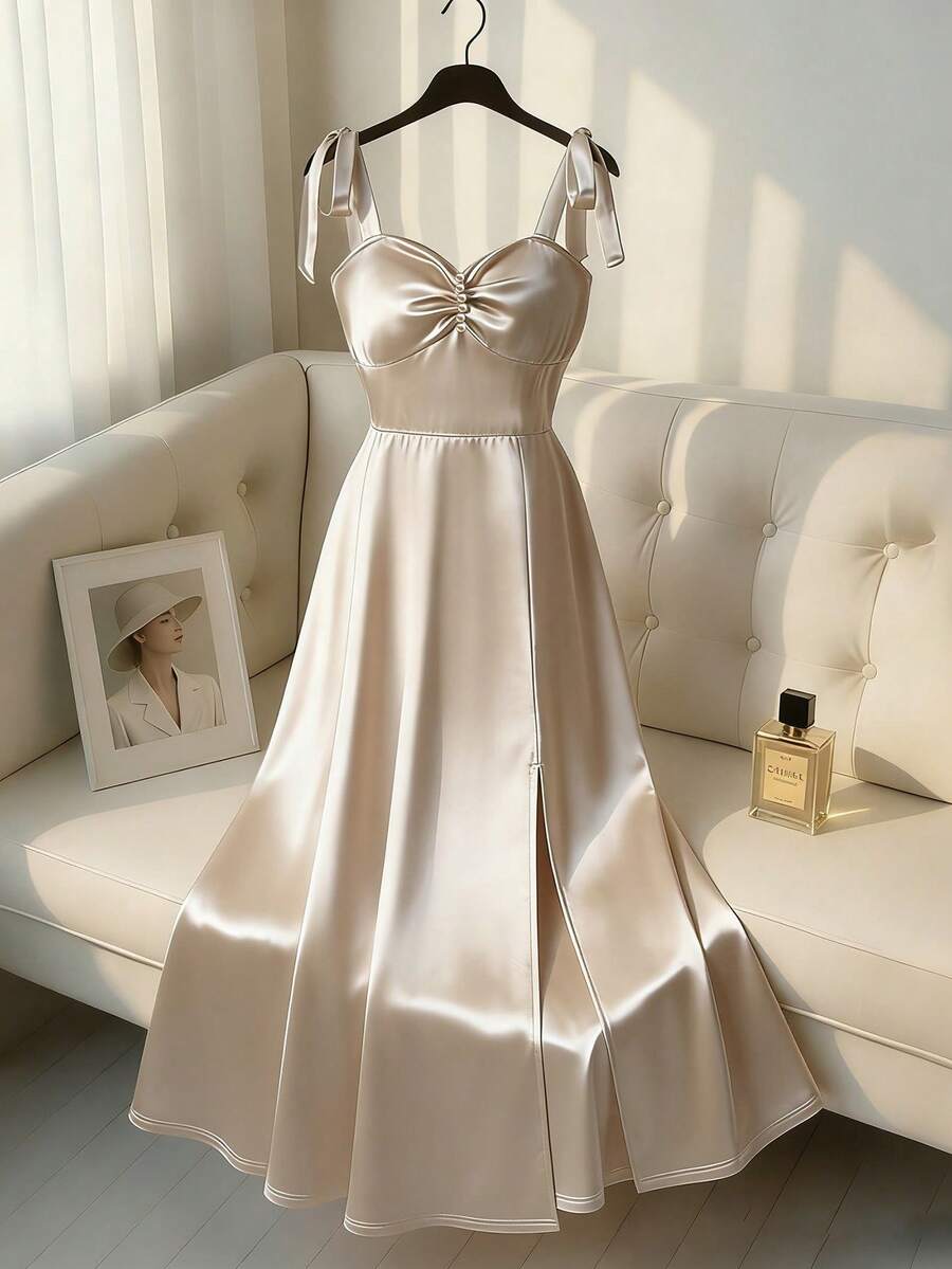 INAWLY New Arrival Summer Elegant Dress, Sleeveless Spaghetti Strap Bow Tie, A-Line Romantic Dress, Sexy High Slit Hem, Pearl Decor, Poplin Fabric, Women's Office Dress, Summer Outfit, Elegant Party Dress, Wedding Guest Attire Satin Dress Luxury Long Dress Bow Strap Dress Elegant Classic Dress Women's Formal Dresses Luxury Dresses For Women Satin Dress For Women Silk Dress Women Classy Dresses For Ladies Elegant Dresses For Women - Apricot - View 1