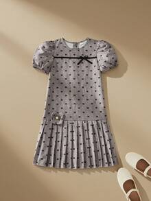 SHEIN Đầm kiểu Pháp thanh lịch dành cho bé gái, eo thon, tay phồng, in hình bướm, thích hợp để dự tiệc và mặc mùa hè. - Xám - Xem 3