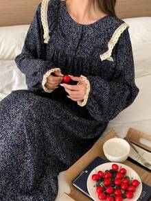 DAZY Sweet Floral Ruffle Trim Patchwork Nightgown Pajama, Moo Moo, For Fall, Winter - Navy Blue - View 4