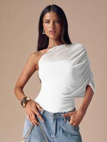 SHEIN BAE Autumn/Winter Solid Apricot Asymmetric Asymmetrical Shoulder Elegant Bodysuit For Women, Minimalist Basic Fitted Top With Sheer Wrap Ruched - White - View 4