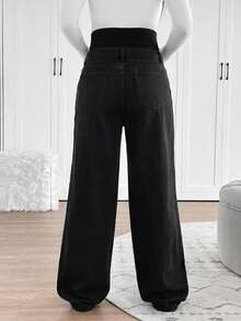 SHEIN Maternity Knit Belly Support Loose Straight Leg Jeans - Black - View 2