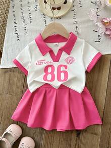 SHEIN 2件組女嬰幼兒新生兒0-3歲淺粉色夏季休閒圖案運動風V領POLO短袖T恤上衣與百褶裙套裝 - 粉色 - 查看 7