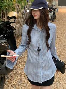 K-Vae Blue Long Sleeve Casual Chic Blouse - Blue - View 3