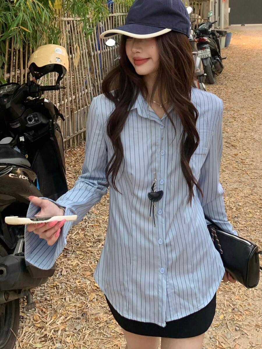 K-Vae Blue Long Sleeve Casual Chic Blouse - Blue - View 1