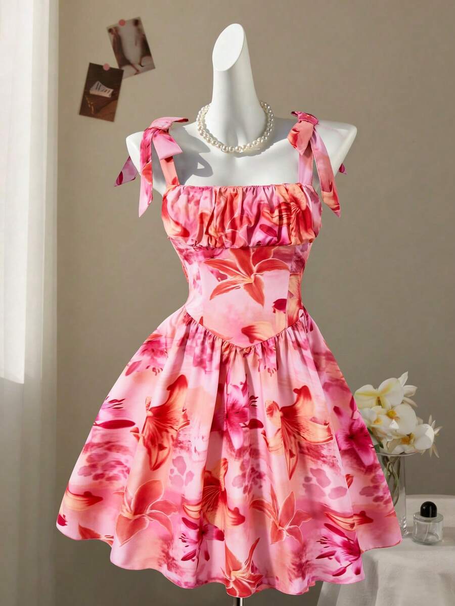 SHEIN 女童纯色收腰休闲夏季连衣裙 - 粉色 - 查看 1