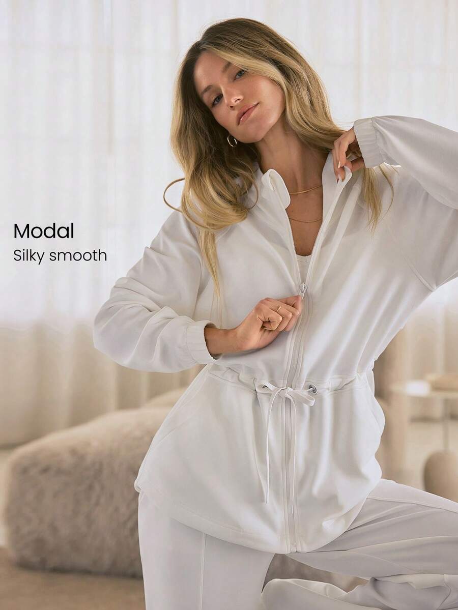 GLOWMODE Áo khoác hoodie dáng rộng Softserene Modal Off-Duty MVP, chất liệu mềm mại, thoáng khí, dài đến hông, có khóa kéo, thích hợp mặc hàng ngày vào mùa xuân và hè.