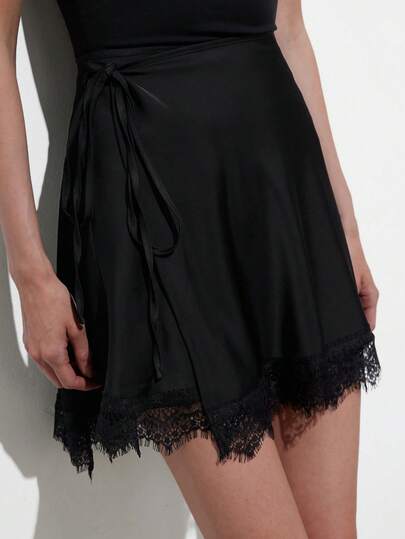 Aveloria Modichic Women's Satin Lace A-Line Wrap Skirt Side Tie Knot Eyelash Lace Trim Bias Cut Drapey Design Elegant Romantic Retro Luxury Black Skirt Elegant Dresses For Women Wedding Guest Dress