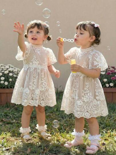 Baby Girl Stand Collar Solid Color Short Sleeve Ruffle Hem Casual Elegant Summer Dress Wedding Dresses For Toddler Dress Fashion Elegant Toddler Girls Elegant Dresses For Girls Toddler Girl Clothes Elegant Toddler Girl Dress For Wedding Baby Girl Lace Dress White Lace Dress Toddler Little Girl White Dress Lace Dress Girls Toddler Girl Elegant Dress