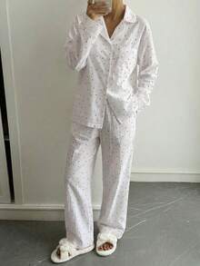 Women's Polka Dot Long Sleeve Single-Breasted Pocket Top And Pants Pajama Set - White - View 2