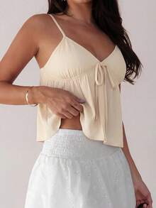 Almamuse Áo tank top dáng rộng, màu trơn, hai dây mảnh, buộc dây, xếp ly, thích hợp cho mùa hè. - Màu be - Xem 6