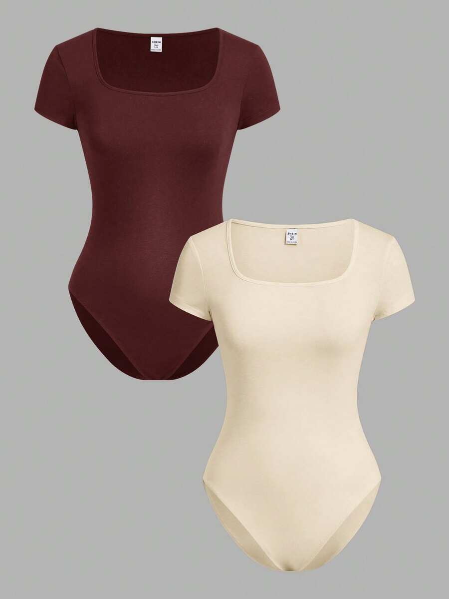 SHEIN Girlism Bộ 2 món áo liền quần dệt kim cổ tròn ôm sát thoải mái cho bé gái tuổi teen. - Nhiều màu - Xem 1