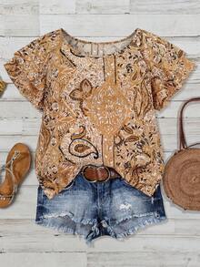 Linhara Áo kiểu nữ cỡ lớn họa tiết hoa điều tay bồng đôi - Nhiều màu - Xem 4