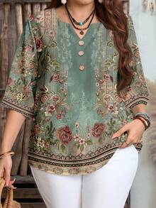 EMERY ROSE Women's Casual Minimalist Green Paisley Floral Placement Print 3/4 Sleeve Shirt, Suitable For Spring And Summer - Multicolor - View 5