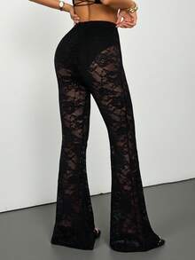 SHEIN PETITE Quần ống loe nữ mùa xuân gợi cảm kiểu retro có lót ren. - màu đen - Xem 3