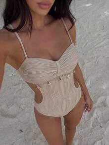 Swim Vcay 1 bộ áo ngực bralette mùa hè có gọng, kèm chân váy dây rút eo. - Màu be - Xem 3