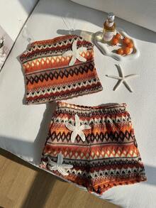 Set de 2 piezas de lencería a juego con estilo bohemio y rayas para niñas Y2K, top bandeau con textura de burbujas y bordado de estrella de mar 3D + panty tipo short, suave y dulce estilo de vacaciones en la playa, adecuado para el verano - Multicolor - Ver 6