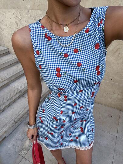 Pariaura Đầm ngắn không tay dệt kẻ caro, họa tiết quả anh đào, phối ren tương phản, dành cho nữ, thích hợp cho mùa xuân/hè.
